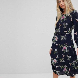OASIS Blue/Black Longsleeve Bouquet Bird Dress